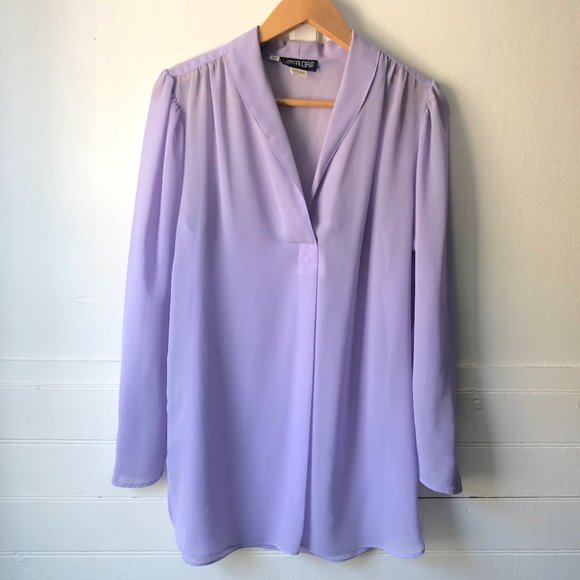 Vintage 80s Sheer Ethereal Lavender Puff Sleeve V-Neck See Through Tunic Blouse - Picture 4 of 13